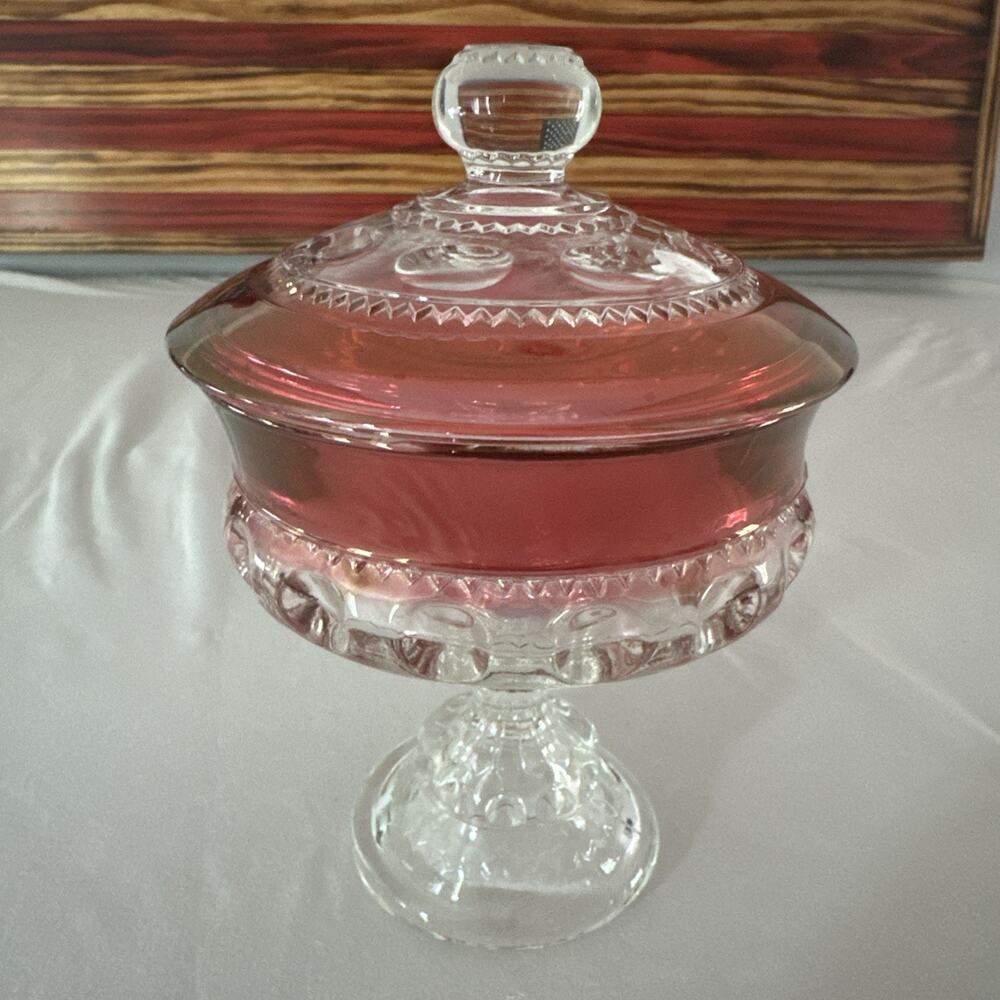 Vintage Clear & Red King's Crown Thumbprint Patterned Glass Lidded Dish 7 1/2”